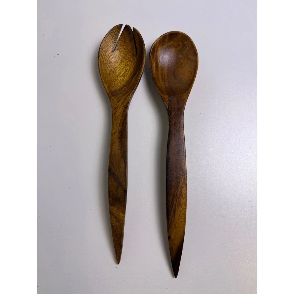 Vintage‎ Hand Carved Dark Wood Salad Servers Set 12 Inch Tapered Handle 2 Piece